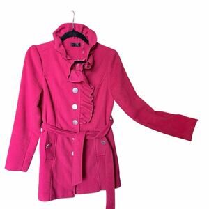 C.C. Couture red fitted button up jacket ruffle neck belted city look small